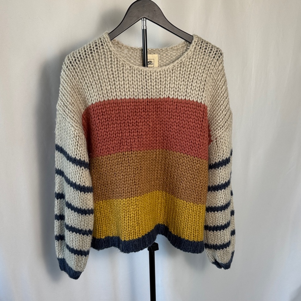 Rip Curl Cream Crewneck Sweater with Pink, Tan, Yellow & Navy Stripes